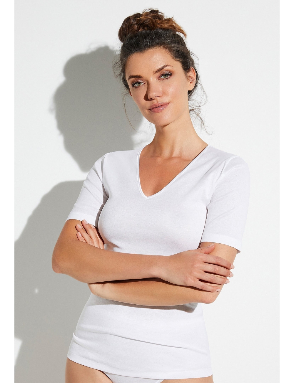 Cotton de Luxe, T-Shirt à manches courtes col en V, white