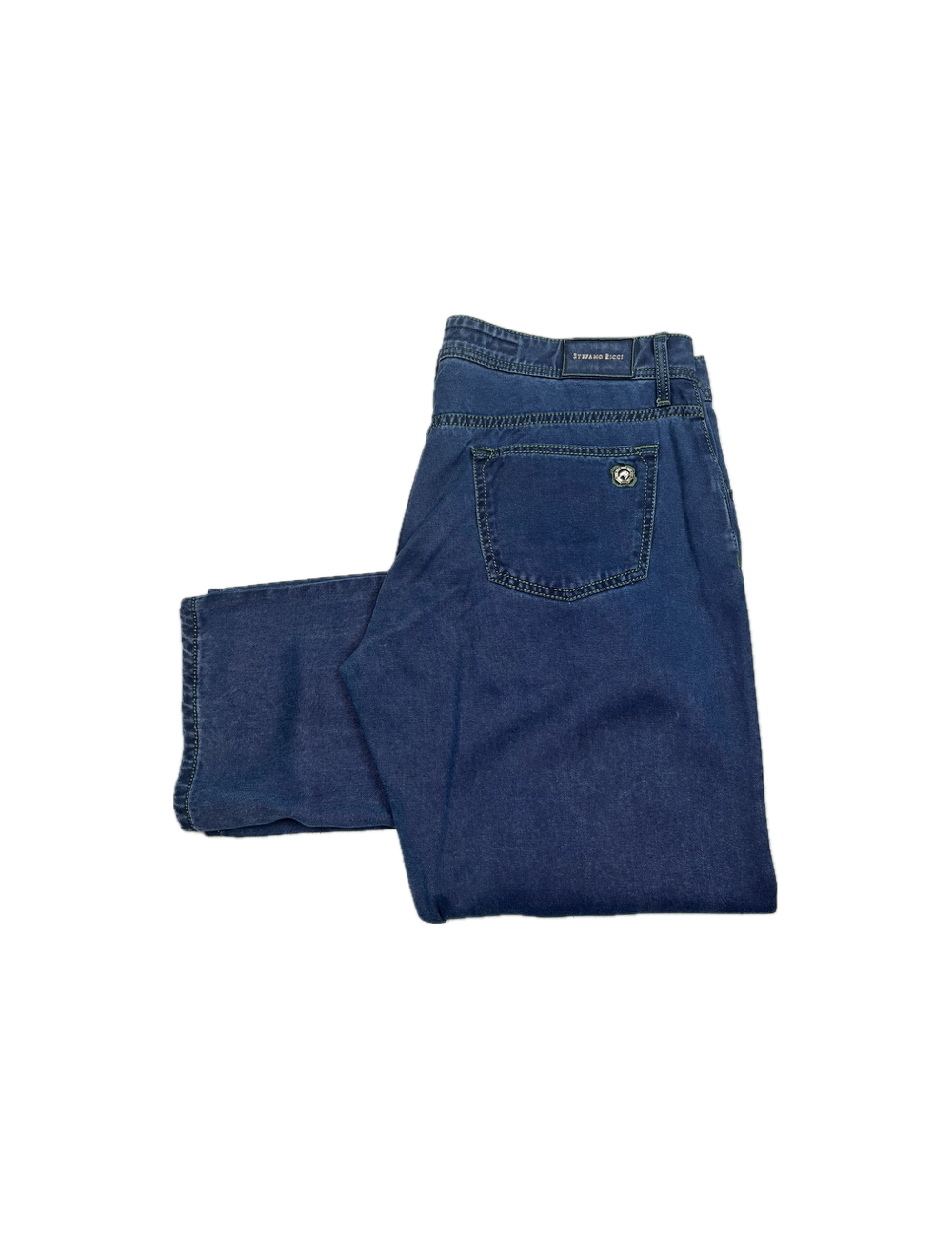 Jeans bleu, coupe regular, 100% lyocell, surpiqûres vertes