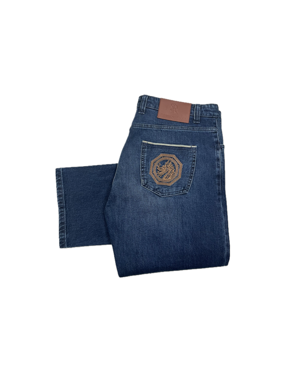 Jeans bleu, coupe regular, motif dragon brodé