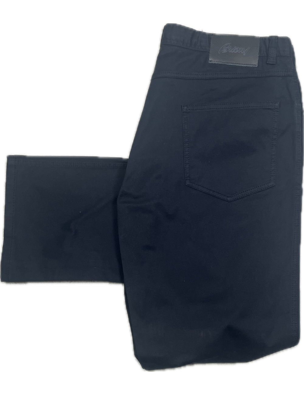 Pantalon chino bleu foncé, coupe droite, tag en cuir de veau