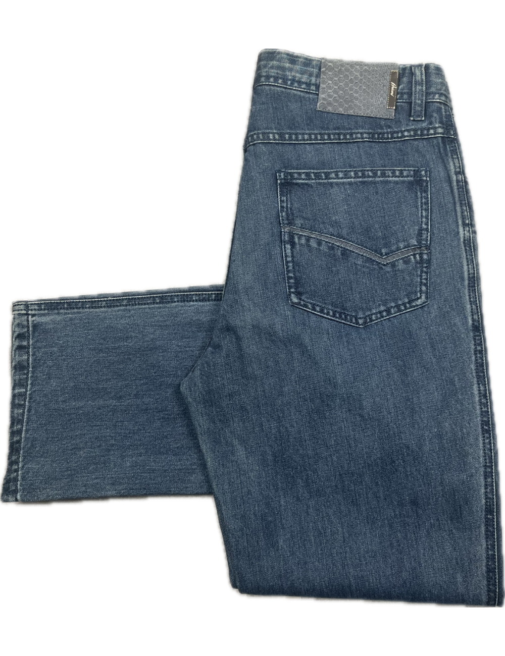 Jeans Brioni, coupe droite, tag en cuir de python