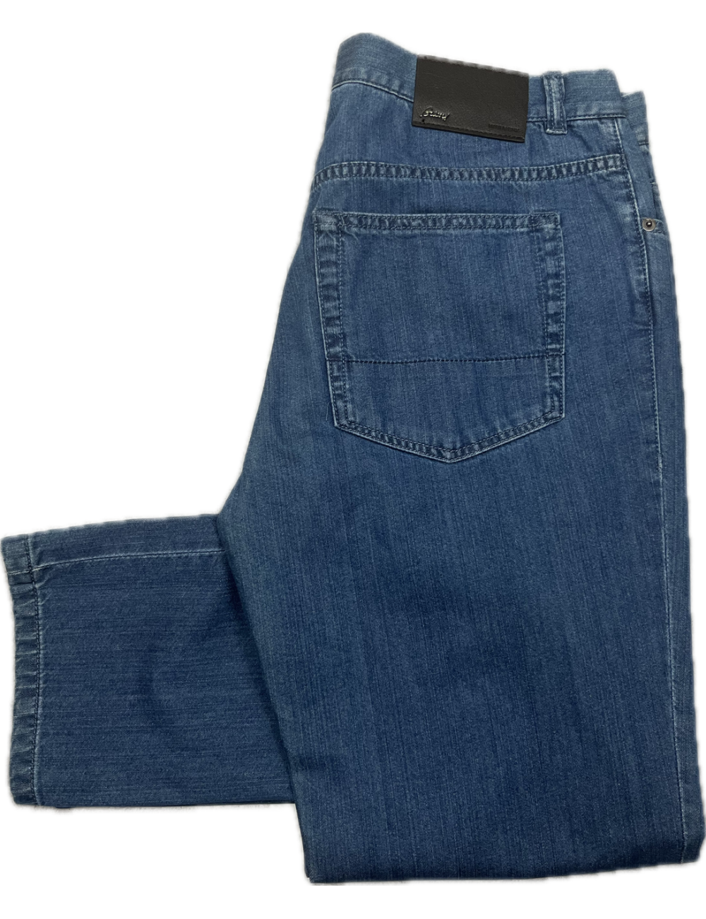 Jeans léger bleu, coupe slim, tag en cuir de veau