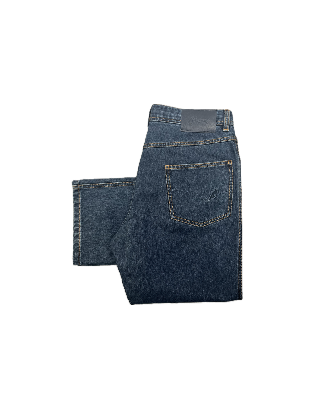 Jeans bleu, coupe droite, étiquette en cuir de veau