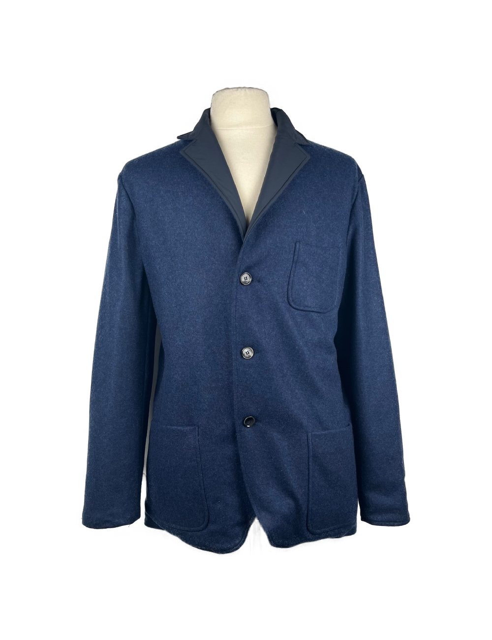 Veste bleu et marine réversible 1 face 100% cachemire, 1 face 100% polyester,