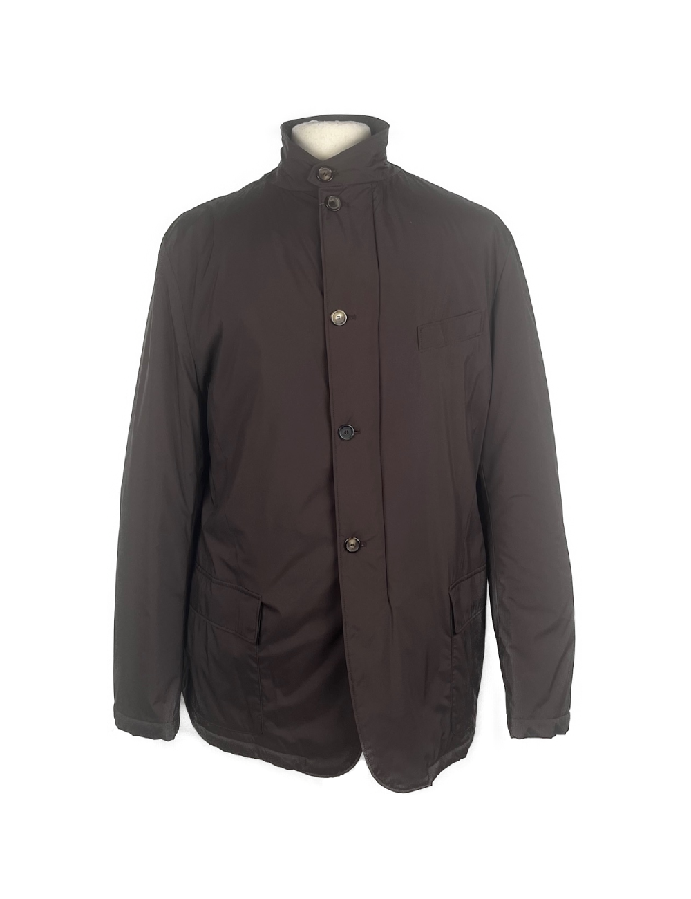 Veste marron déperlante, intérieur 100% laine super 150’s, finition cuir d’ovocaprine