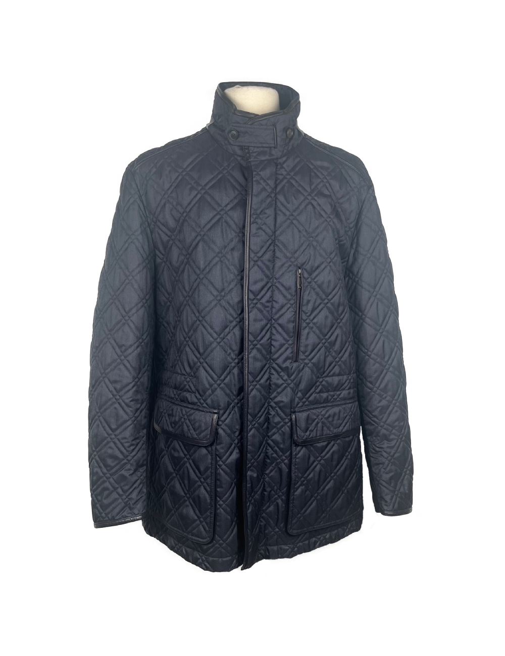 Parka matelassée bleu gris, 100% soie, finitions cuir d’agneau, déperlante