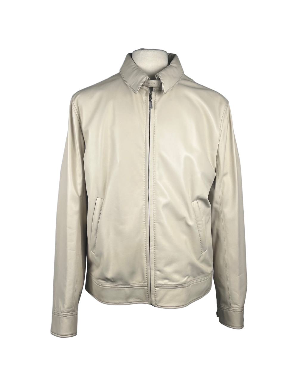 Blouson blanc cassé en cuir d’agneau, col amovible zippé