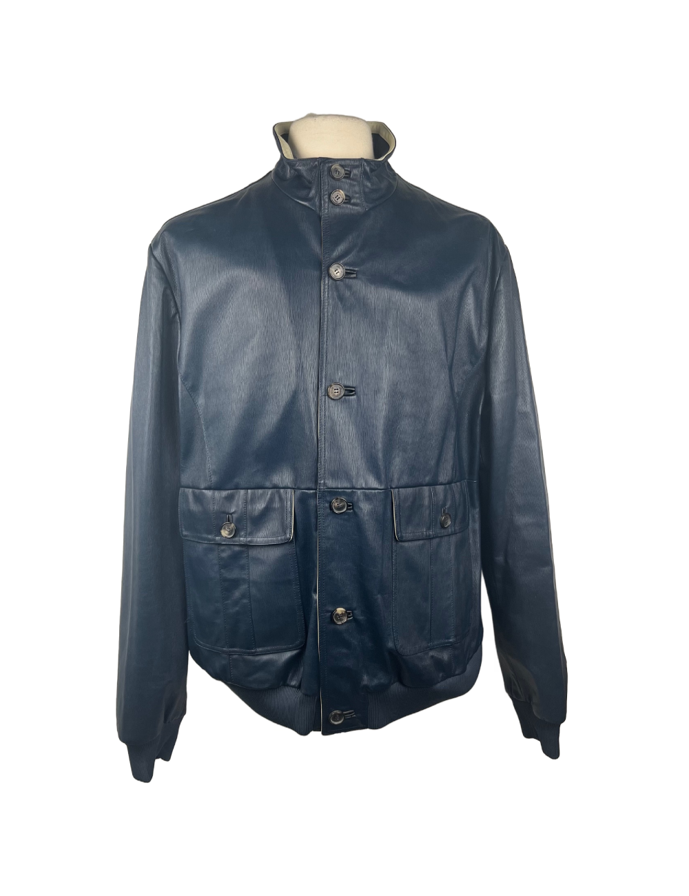 Blouson bleu, cuir et intérieur soie