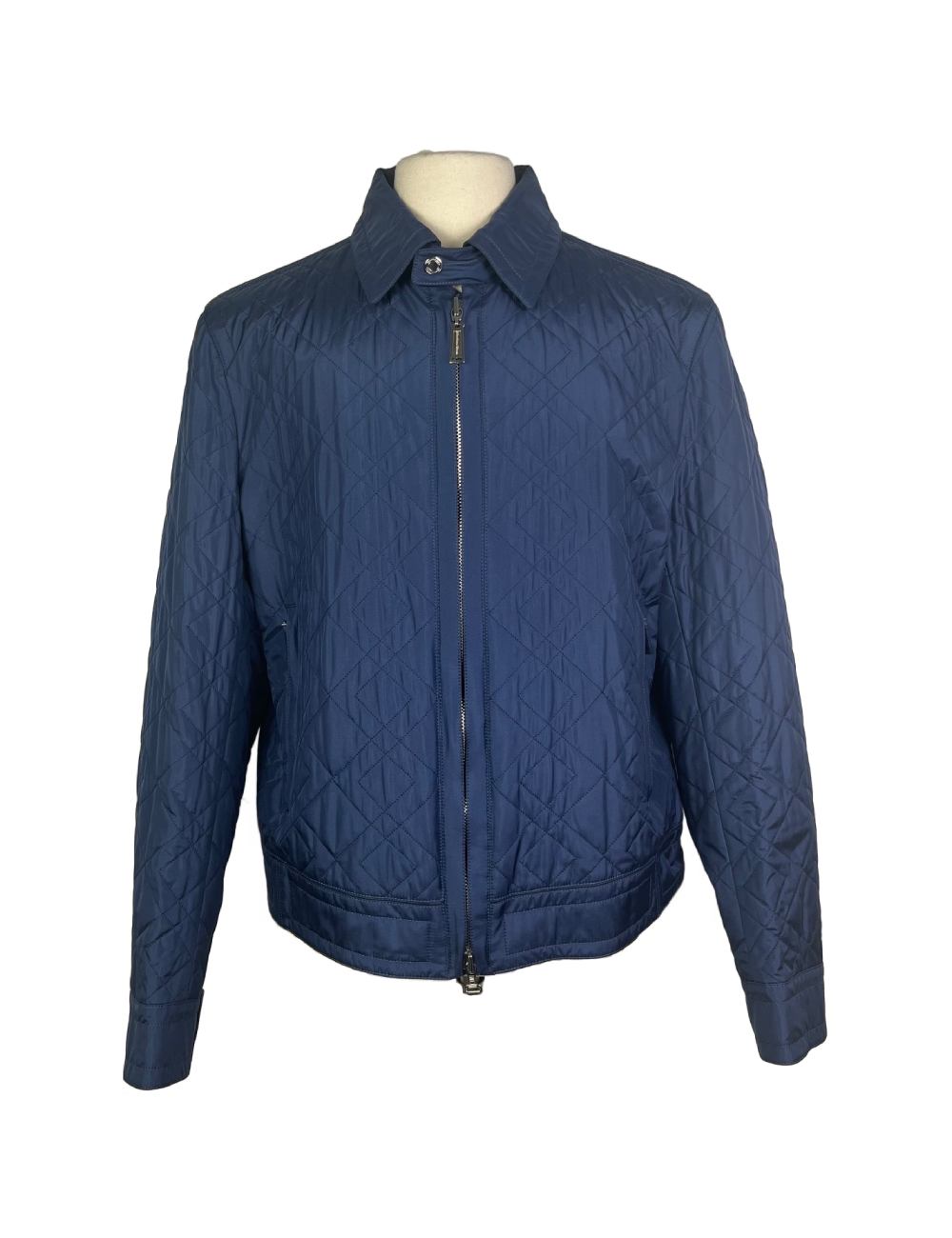 Blouson Bleu 100% soie, col amovible, finition cuir de veau