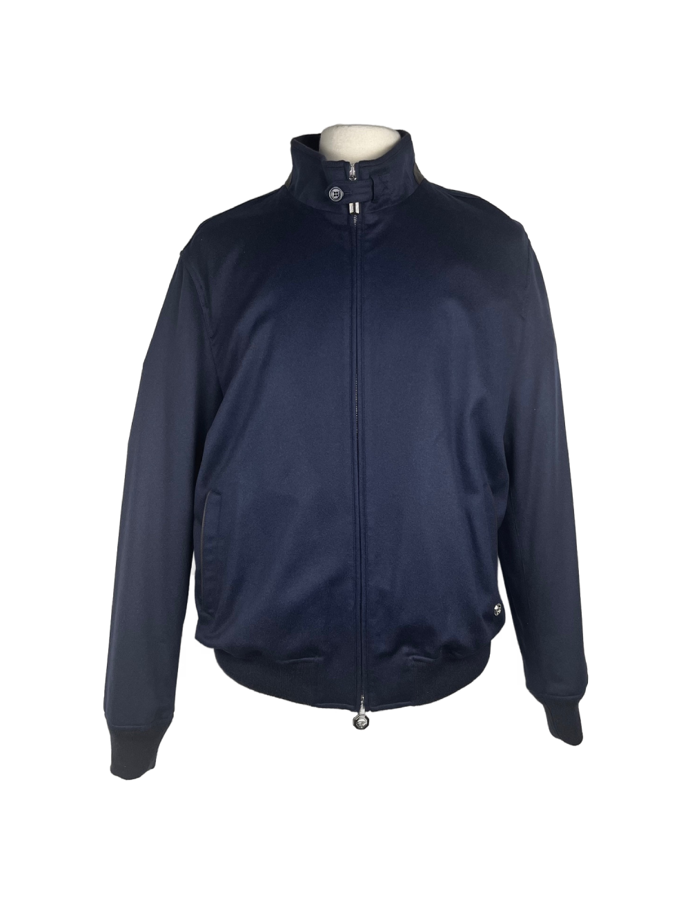 Blouson 100% cachemire marine, finition cuir d’agneau