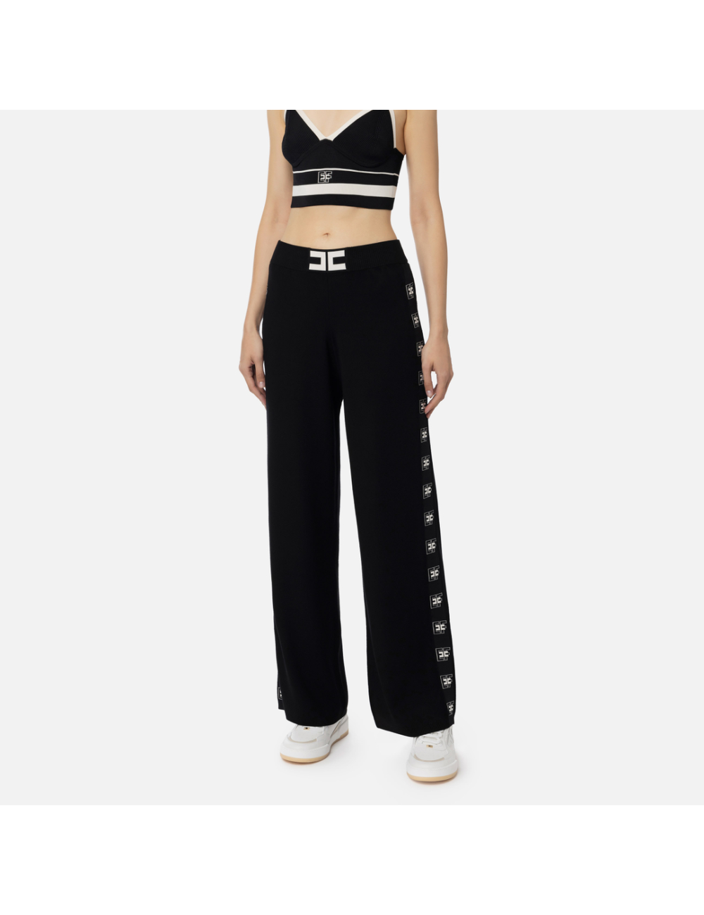 Pantalon palazzo en viscose avec bandes logotées, noir