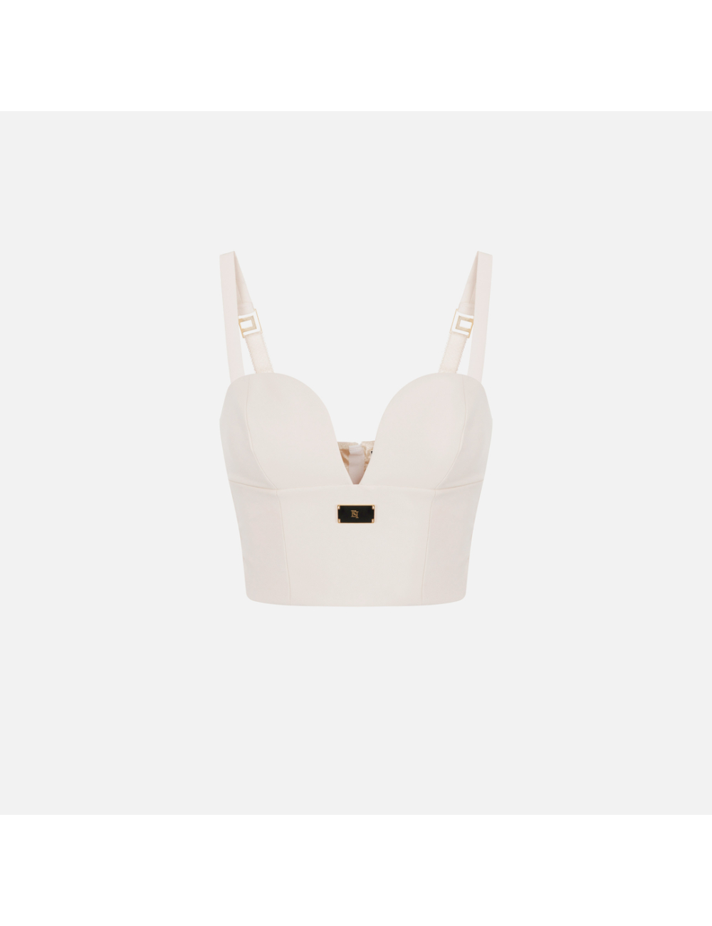 Top bustier en crêpe stretch avec plaque logo émaillée, ivoire