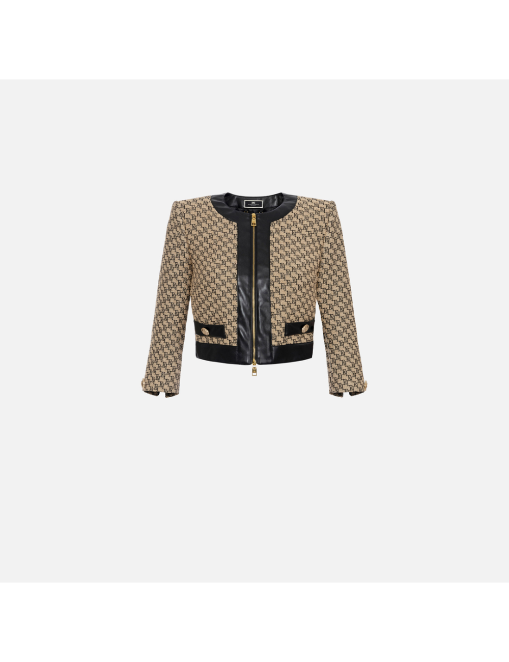 Veste cropped en raphia jacquard, beige/noir