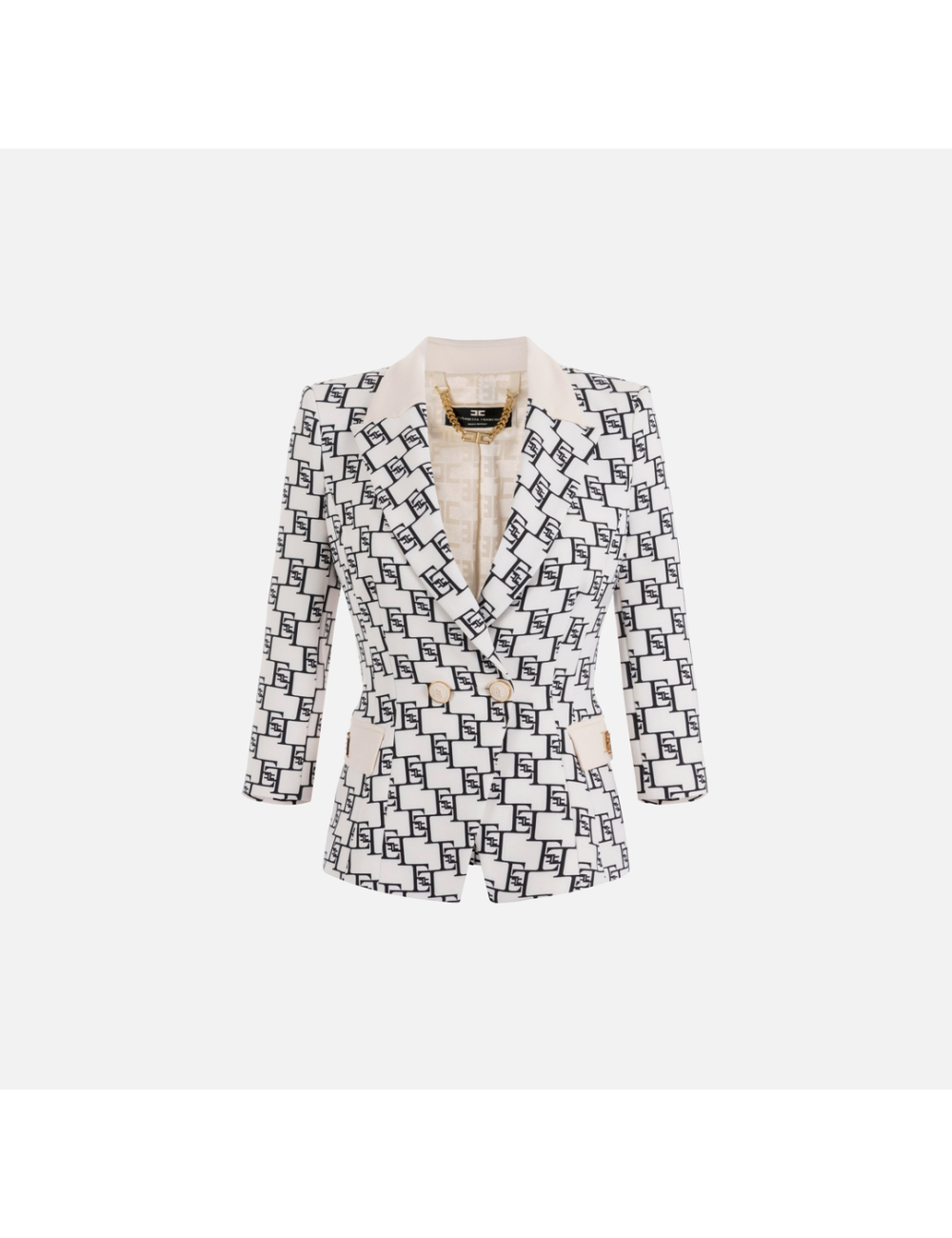 Veste à double boutonnage en crêpe imprimé logo avec plaque, blanc/noir