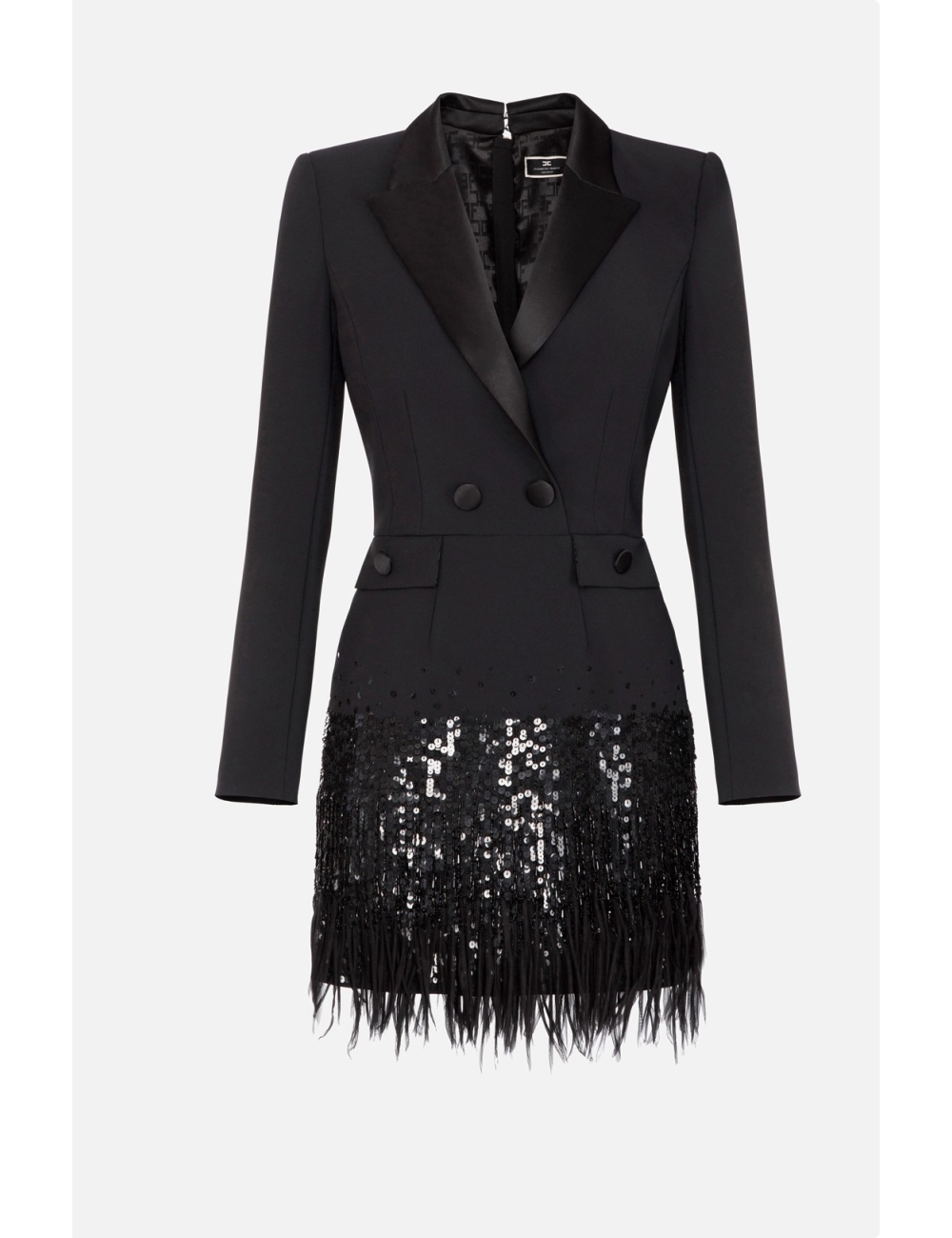 Robe-manteau en double crêpe avec sequins et franges, noire