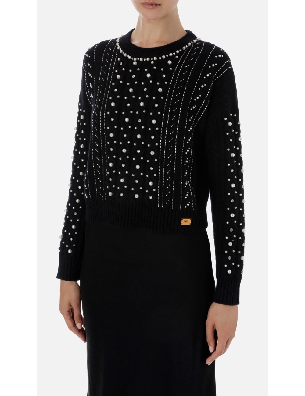 Pull en laine avec broderie de strass et de perles, noir