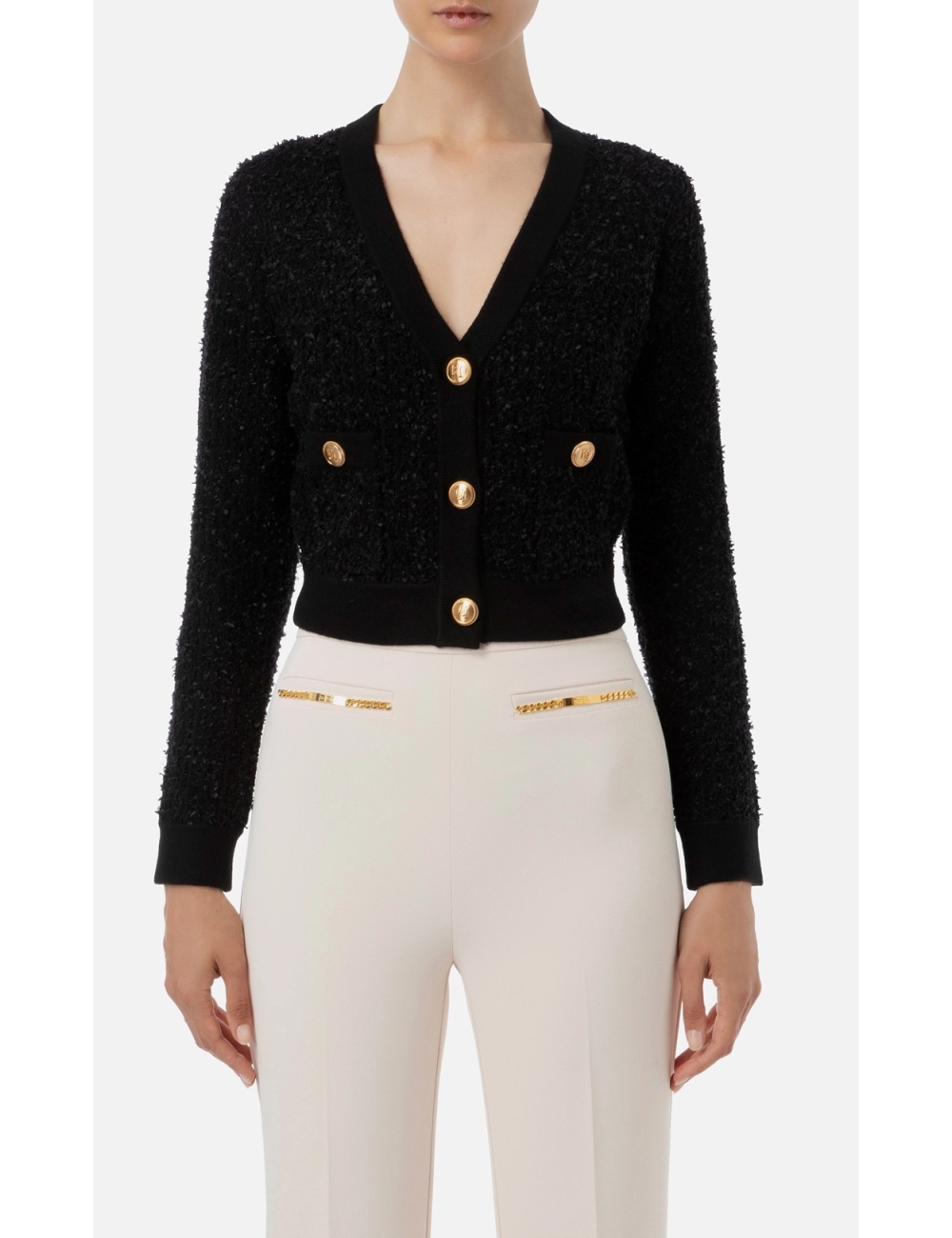 Cardigan crop en tricot jacquard, noir